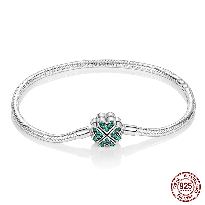 925 Silver Bracelet Four-Leaf Clover with Green Zirconia